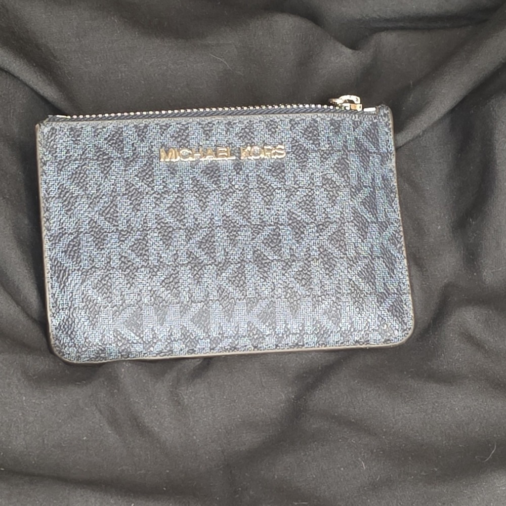 Michael Kors Blue Leather Logo Print Card Holder Key Chain with Keyring & Zip